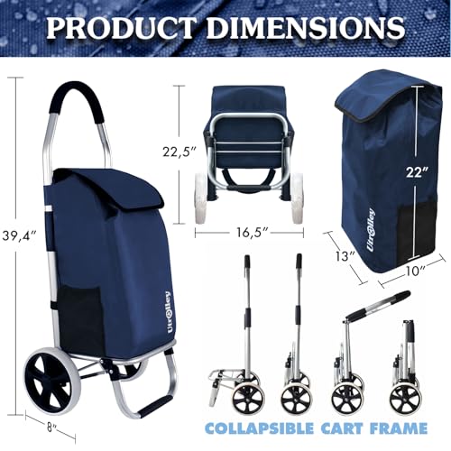 Ultra-Lightweight Foldable Grocery Cart with 40L Capacity, Soft Rolling Wheels, Removable Insulated Bag ? Multi-Purpose Personal Hand Truck (Blue)