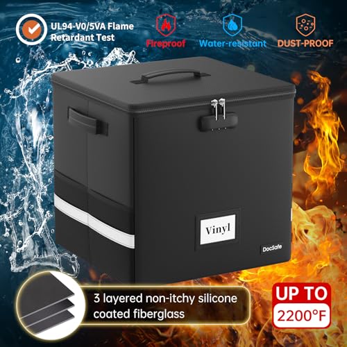 DocSafe Black Vinyl Record Storage Box 13x13x13 Inch Lockable Fireproof Water-Resistant Organizer for 100+ Records
