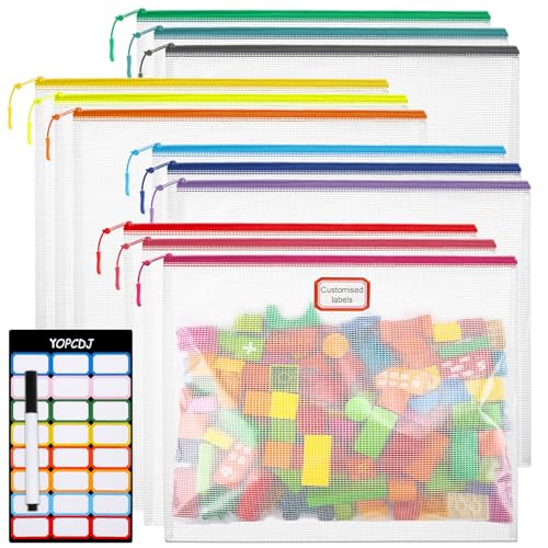 YOPCDJ Mesh Zipper Pouch Bags 12 Pack - Colorful A4 Puzzle Organizer 9x13 inches
