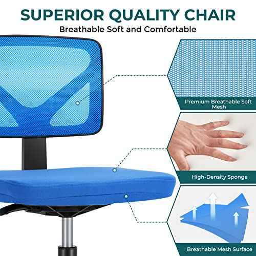 DUMOS Armless Desk Chairs with Wheels, Ergonomic Adjustable Home Office Swivel Rolling Task Chair No Arms, Comfy Mesh Mid Back Computer Work Vanity Desk Seat for Small Spaces, Blue