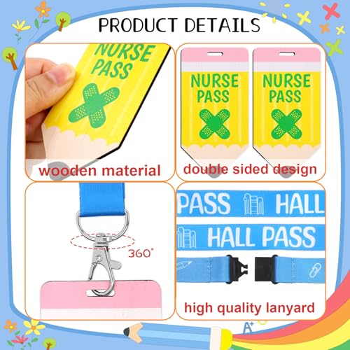 Classroom Hall Passes with Lanyards - 6 Pack, Wooden & Colorful Polyester Straps