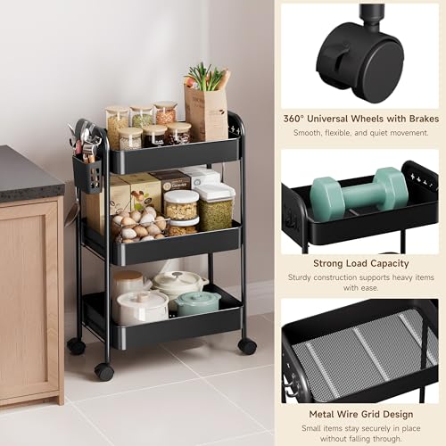Heavy-Duty 3-Tier Metal Rolling Cart – ZXICEU Matte Black Utility Cart