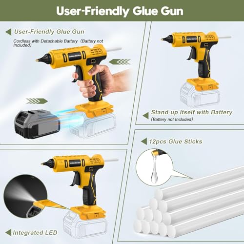 100W Cordless Hot Glue Gun for DeWalt 20V Battery(NO Battery), Full Size Hot Wireless Hot Glue Gun Kit with 12pcs 0.43'' Large Glue Gun Stick Set for Craft & DIY