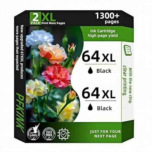 64XL Black Ink Cartridges Replacement for 64XL Ink Cartridge Works with Envy Photo 7855 7858 7800 7155 7120 6252 7158 7100 7164 Inspire 7955e 7950e Printer (2 Black)