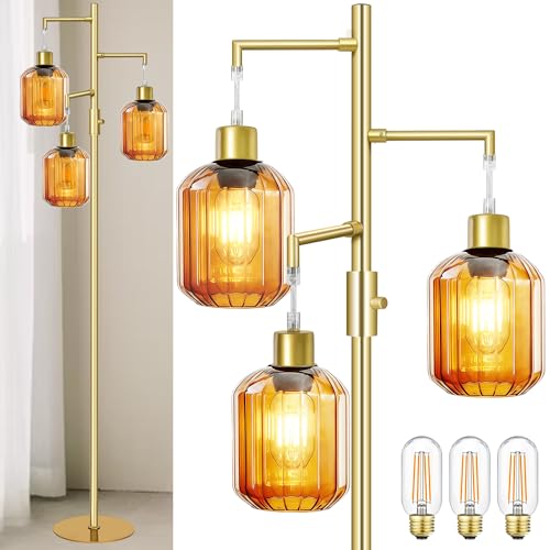 Gold Floor Lamp for Living Room, Modern Mid Century Standing Lamp with Amber Glass Shade, Dimmable Tall Tree Lamp with 3¡¿6W LED Bulbs, Tall Lamp for Bedroom Office