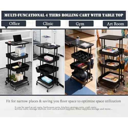 4 Tier Rolling Storage Cart with Table Top Metal Utility Cart on Wheels, School Offices Supplies Organzier with Plastic Tray, Lockable Casters Crafts Carts for Bathroom, Classroom, Kitchen(Black)