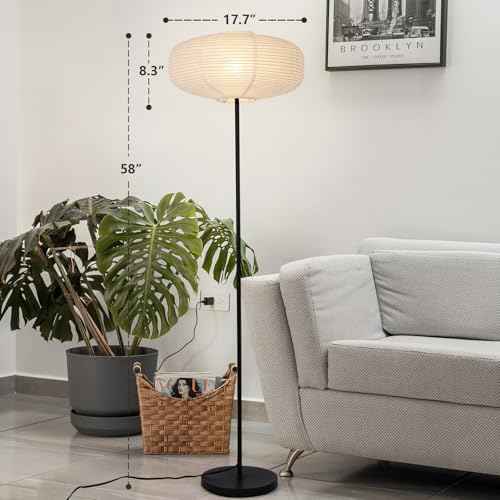 Paper Floor Lamp, Rice Paper Floor Lamp for Living Room, Paper Lantern Lamp with Washi Paper Shade, Ideal for Bedroom, Office, Reading Room Black Pole Light with Bulb