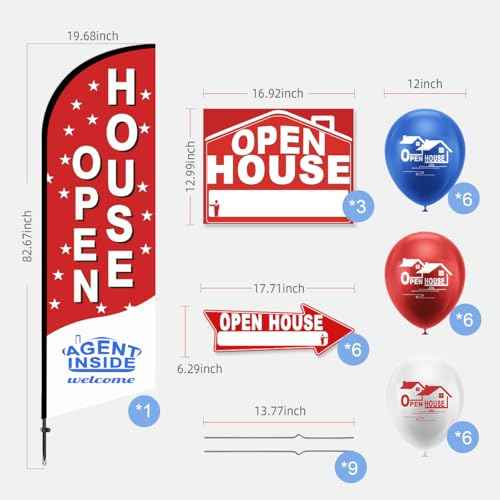56 Piece Open House Signs for Real Estate Kit, 1 Open House Flag, 9 Double-Sided Estate Sale Arrows and Signs with Metal Stakes, Plus 24 Balloons, Suitable for Real Estate Brokerage Supplies (red)