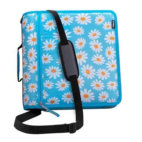 Case-it Mighty Zip Tab School Zipper Binder | 3-Inch O-Rings, 600-Sheet Capacity, 5-Subject Expanding File Folder, Multiple Pockets & Storage Organizer, Shoulder Strap | D-146 Light Blue Daisy