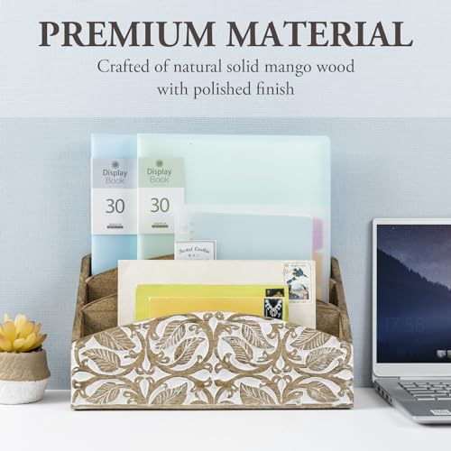 MyGift 3 Tier Rustic Solid Mango Wood Desk Mail Holder and Stationery Sorter with Hand Carved Leaf Pattern, Decorative Office Desktop Document Storage Organizer - Handcrafted in India