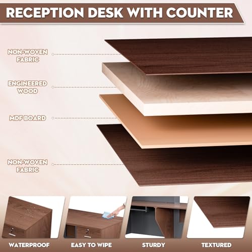 Drexo L-Shaped Wooden Reception Desk - Brown & Black, 71"L x 42"W x 41"H, Left