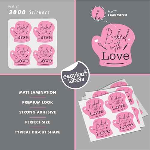 easykart labels 3000 Baked with Love Stickers in Sheets, Pink Color in Hand Gloves Die cut Design | 2" x 2" Inch Size Highly Recommended for All Bakeries and Baked Products ..