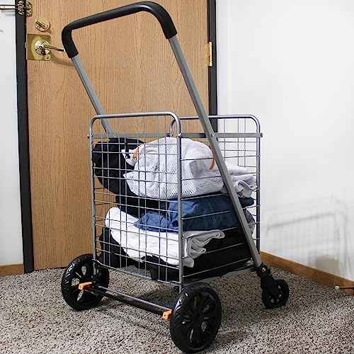 BISupply Foldable Shopping Cart with 360¡Æ Swivel Castor Wheels - Lightweight Heavy Duty Utility Grocery Cart with 330 lbs Weight Capacity for Groceries, Laundry, Luggage, Travel, and Tailgating
