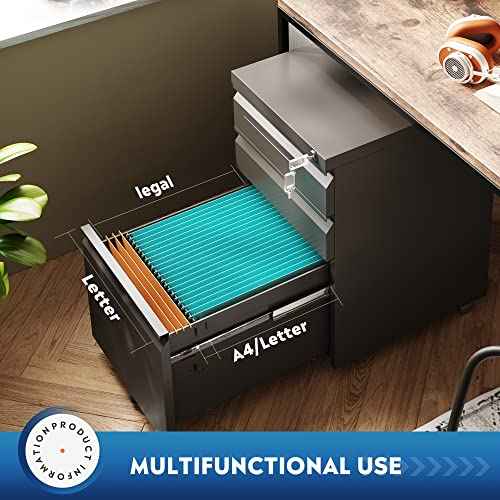 DEVAISE 3 Drawer Mobile File Cabinet with Lock, Under Desk Metal Filing Cabinet for Home Office/Legal/Letter/A4 File, Fully Assembled Except Wheels, Black