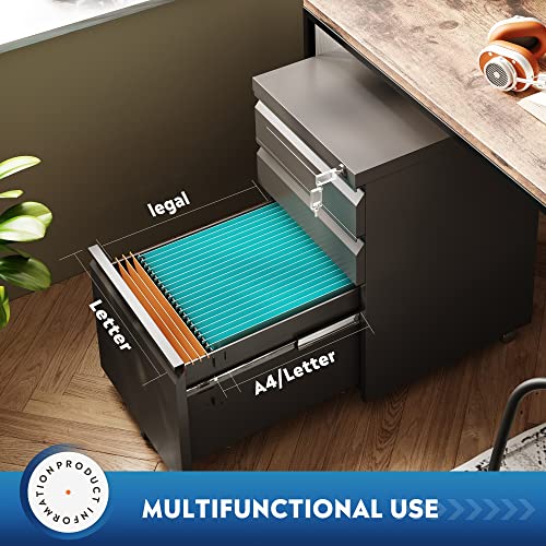 DEVAISE Black 3-Drawer Mobile File Cabinet with Lock - 17"D x 15"W x 24"H, Under Desk Office Storage