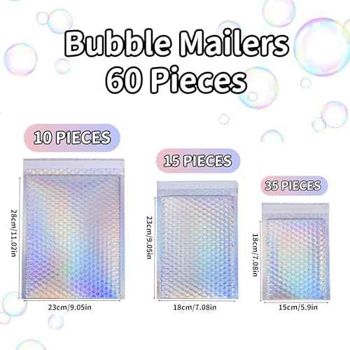 60 Pieces Bubble Mailers,Self-Seal shipping bags with 3 Sizes(11"x9",9"x7",7"x6"),Sealable Colorful bubble wrap envelopes for Small Business Packaging Supplies
