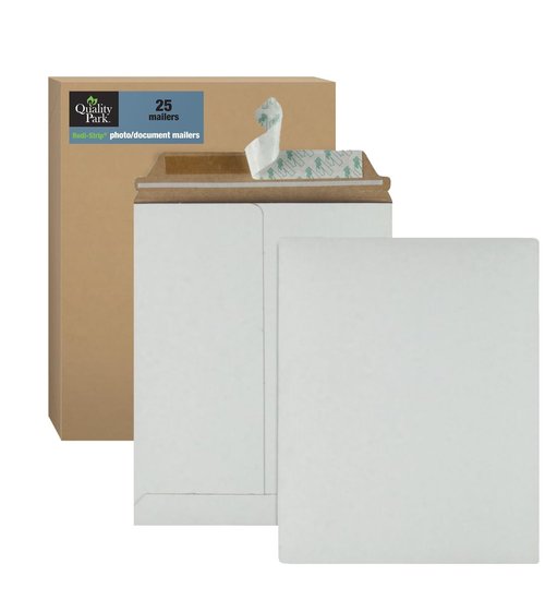 Quality Park Photo Document Mailers, Redi-Strip Self Seal Closure, Rigid Stay Flat Mailer, White Recycled Fiberboard, 9" x 11.5", 25 per Box