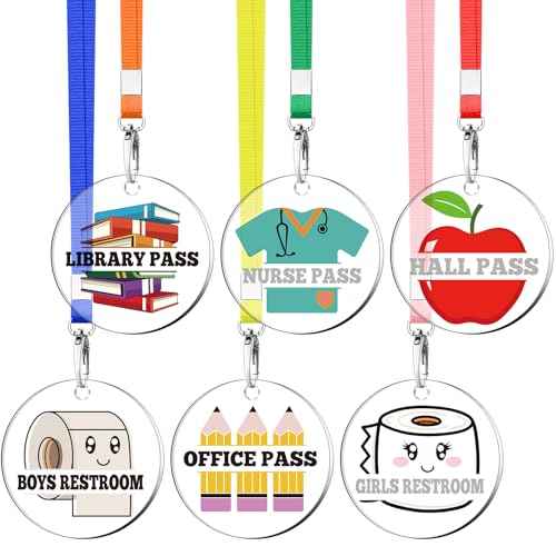 6 Set Acrylic Hall Pass Lanyards School Passes Unbreakable Cute Acrylic Hall Passes for Classroom School Supplies