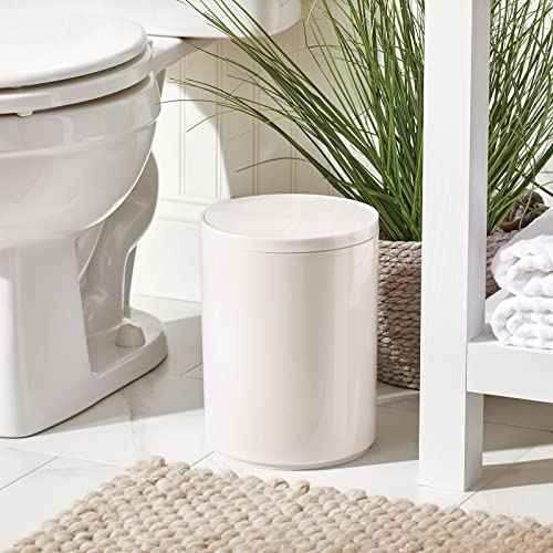 mDesign Plastic Small Slim Round 1.7 Gallon/6.5 Liter Trash Can with Removable Swing Lid - Wastebasket, Garbage Container Basket Bin for Master/Guest Bathroom - Holds Rubbish/Recycle - Cream/Beige