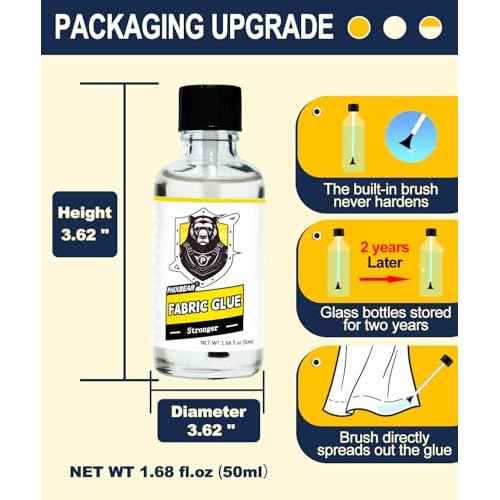 Mighty Fabric Glue Permanent in Glass Bottle with Brush, Waterproof Washable Liquid Stitch Fabric Glue, Safe, No Irritation. for Repair Clothes, Leather, Patches(1.68 fl.oz 50ml)