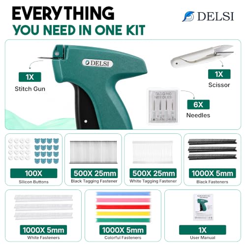 Delsi Stitch Gun for Clothes – Green Tag Gun Kit with 4000 Fasteners, 6 Needles