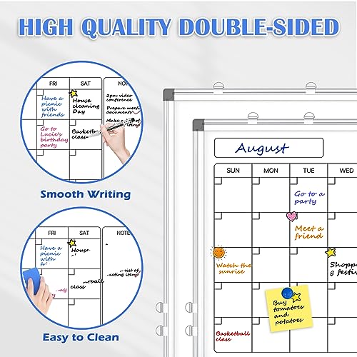 Monthly Calendar Dry Erase Whiteboard for Wall, 24" x 18" Magnetic Calendar White Board, Double-Sided Portable Board for Office, Kitchen, School, Home