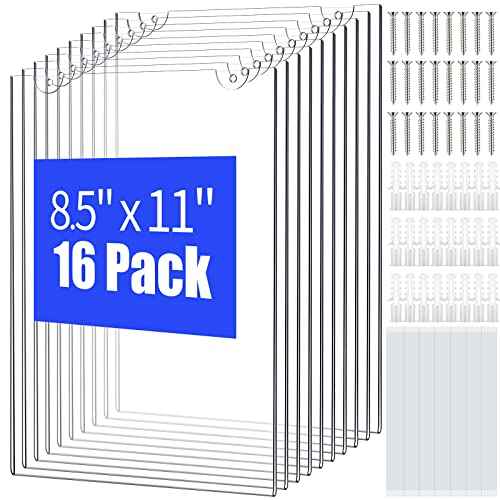 16 Pieces Acrylic Sign Holder 8.5 x 11 Inches Wall Mount Clear Plastic Display Stand Frame for Paper Documents - Bulk Pack With Tape and Screws for Home, Office, Store, Restaurant