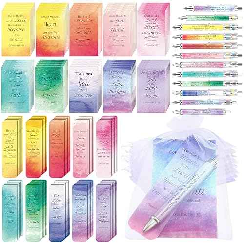 Yeaqee 200 Pcs Christian Gifts Set Include 50 Bible Verses Bookmarks Book Markers 50 Ballpoint Pens 50 Bible Notebooks 50 Organza Bags Watercolor Mother's Day Bulk Gifts for Church Women