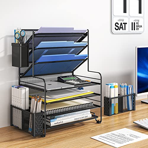 Simple Trending 7-Tier Desk File Organizer with Pen Holder - Black, Letter Tray & Metal Hanging Basket