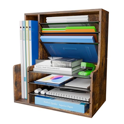Simple Trending 7 Tier Desk File Organizer, Wooden Letter Tray Paper Organizer with Adjustable File Holder, Mesh Desktop Organizer and Storage for Office Supplies