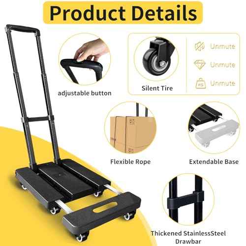Folding Hand Truck 600lbs,XIBGH Portable Heavy Duty Luggage Cart,6 Wheels Dolly Cart with 2 Elastic Ropes,Compact Trolley Cart for Easy Moving with Extendable Plate for Travel, Moving and Office Use