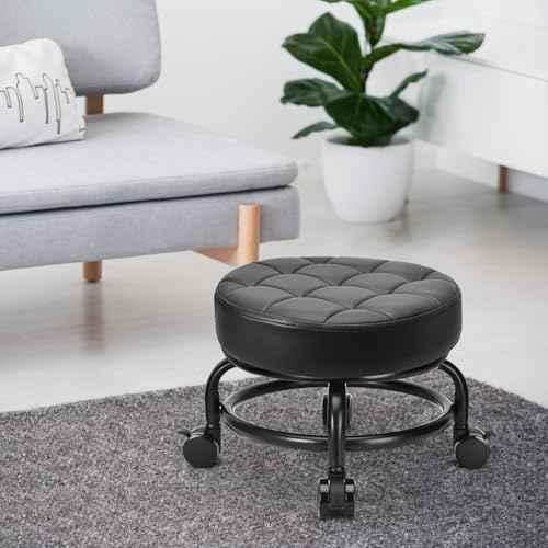Low Roller Seat Low Height Rolling Stool PU Leather Rolling Stool, Modern Rolling Chair for Home Office Garage Shop