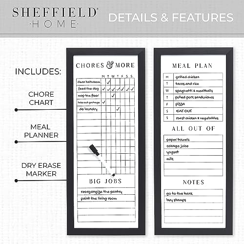 Sheffield Home Set of Two Family Planner Dry Erase Boards Featuring, Chore Chart, Shopping List, Weekly Meal Planner and Notes, 9x21 Inch, Black