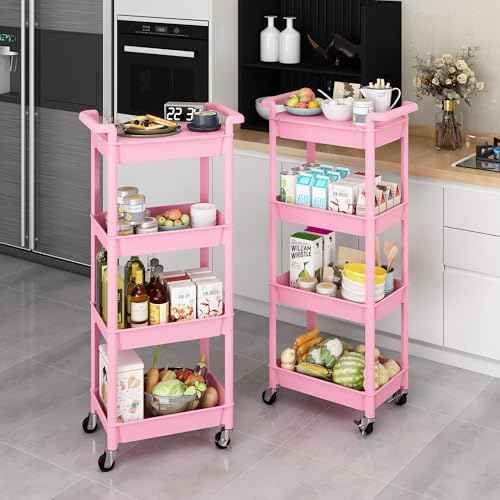 MIOCASA Utility Rolling Cart with Detachable Tray Top, 4-Tier Kitchen Storage Organization, Art Cart with Wheels for Office, Classroom, Livingroom, Kitchen, Bathroom