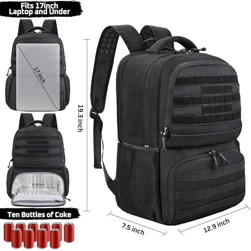 MOZETO Laptop Lunch Backpack for Men, Tactical Inspired Utility Anti-Theft Work Bag with Cooler Compartment Lunchbox (Black, 17 Inch)