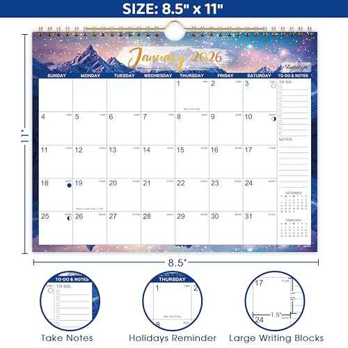 2026 Wall Calendar - 2026 Calendar, JAN 2026 - DEC 2026, 11" x 8.5", Calendar 2026, 2026 Wall Calendar 12 Month with Spiral Binding, Hanging Hook, Notes, To-do List, Perfect for Organizing
