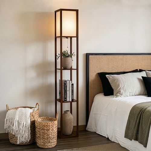 Brightech Maxwell Brown Floor Shelf Lamp with LED Bulb & Diffused Shade for Living Room & Bedroom
