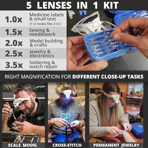 Vision Aid Expert Edition USB Rechargeable Magnifying Glasses with LED Light & Storage Case, Hands-Free Head Magnifier for Crafts & Close Work
