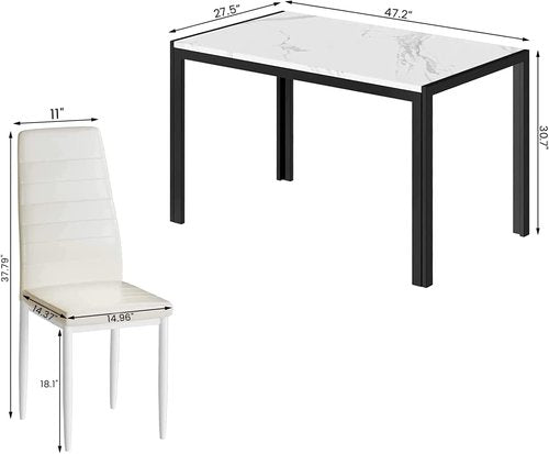 AWQM 5 Piece Dining Room Table and Chairs Set,Rectangular Table and 4 PU Leather Chairs,Faux Marble Dining Table Set for 4,Perfect for Kitchen,Living Room,Dining Room,White&Beige