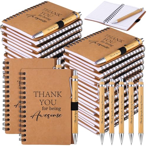 80 Pcs Employee Appreciation Gifts Inspirational Spiral Notebooks Bulk Motivational Journals Thank You Bamboo Ballpoint Pens for Nurse Teacher Coworker (THANK YOU)