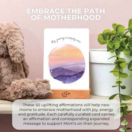 New Mom Affirmation Cards - 50 Postpartum Affirmation Cards for Women - Pregnancy & Self-Care Gifts for New Mom After Birth in Tin Box with Wooden Stand