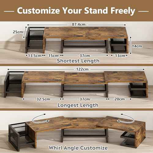 Wisdom Star Dual Monitor Stand with Drawer, Desk Organizers and Accessories, Adjustable Length & Swivel Angle, 2-Tier Computer Monitor Stand for Computer, Laptop, PC, Brown