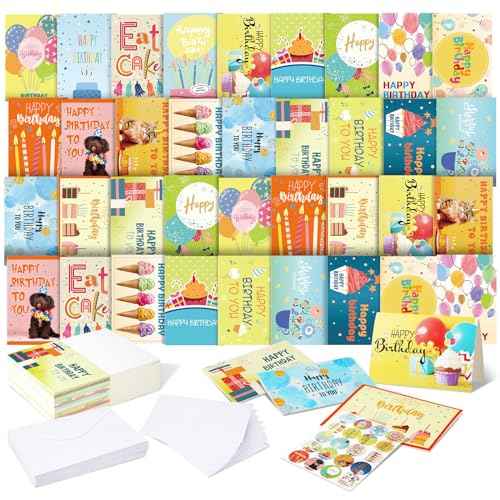 Harloon 200 Pack Happy Birthday Card Assorted Bulk with Blank Envelopes and Stickers 4 x 6 Inches Greeting Blank Happy Birthday Cards for Men Women Adults Kids, 20 Styles(Cute Style)