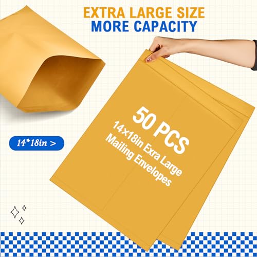 50 Pcs 14'' x 18'' Extra Large Mailing Envelopes 32lb with Gummed Flaps, Catalog Jumbo Craft Envelopes for Mailing, Storage and Organizing Documents Office Supplies(Yellow)