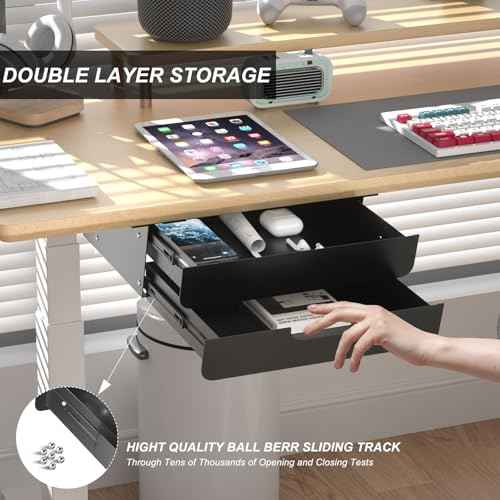 Under Desk Mounted Sliding Double Layer Drawer with Tilt Panel to Pull Out, 11.6'' Long & 10.4'' Deep Dual Storage Organizer for Sit Stand Workstation