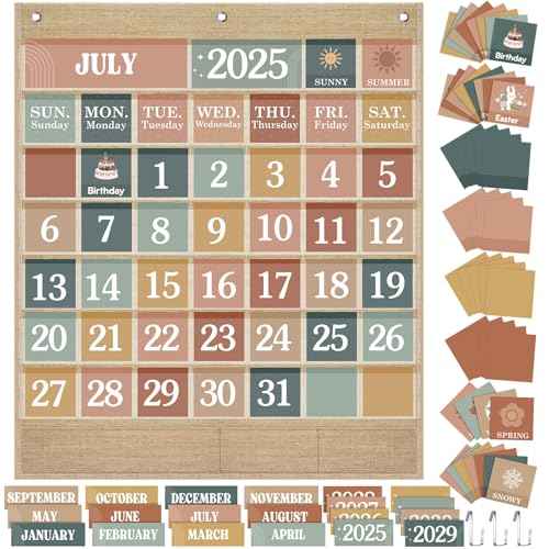 Classroom Calendar Pocket Chart Set Calendar Bulletin Board Set with Pocket Seasons Festival Weather Calendar Pocket Chart for Classroom Decoration Back to School Supplies(Modern Boho)