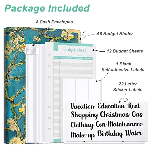 Van Gogh Apricot Tree Budget Binder with Zipper Envelopes - A6 Money Organizer for Savings & Budgeting, Blue Floral PU Leather