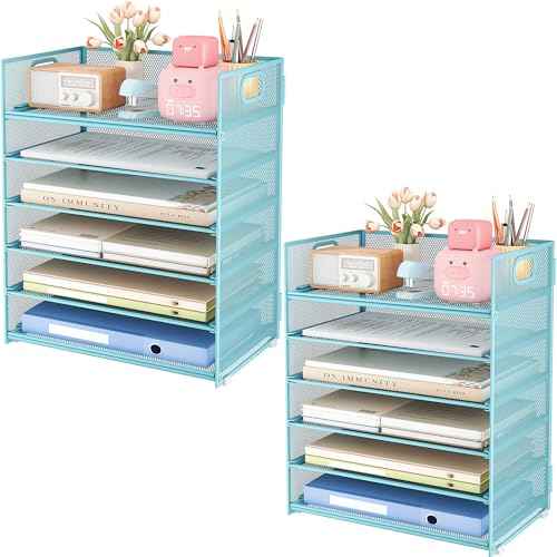 Subekyu 6-Tier Desk Paper Organizer, Desktop File Letter Tray with Handle, Document Sorter and Accessories Holder for Office, Home and School Workspace Organizers, Blue-2 Pack