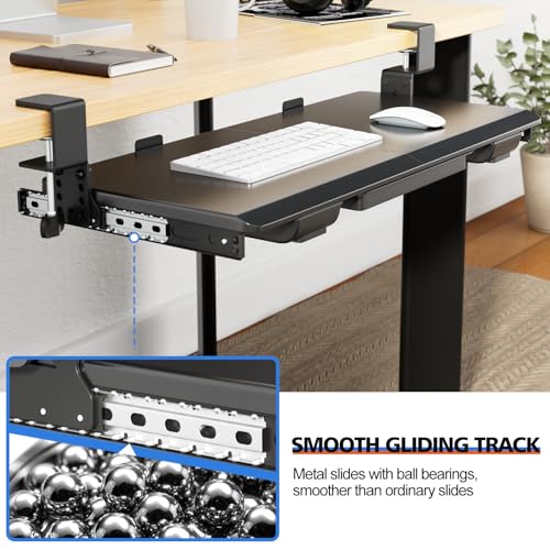 Large Height Adjustable Keyboard Tray with Sturdy C-Clamp Mount and Storage Drawer, 27"(31" Including Clamps) x 12" Slide Out Ergonomic Keyboard Trays for Home and Office, Black