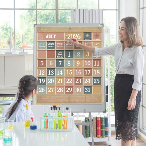 Sinload Linen Color Modern Boho Classroom Calendar Pocket Chart with Cards & Hooks